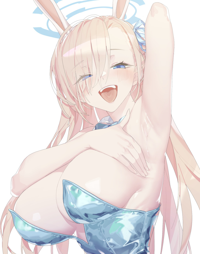 1girl absurdly_long_hair absurdres arm_behind_head arm_up armpit_focus armpits asuna_(blue_archive) asuna_(bunny)_(blue_archive) bangs bare_shoulders blue_archive blue_bow blue_bowtie blue_eyes blue_leotard blue_ribbon bow bowtie breasts detached_collar hair_ribbon halo highres large_breasts leotard light_brown_hair long_hair looking_at_viewer open_mouth presenting_armpit ribbon seongsu_twit sleeveless smile solo swept_bangs very_long_hair