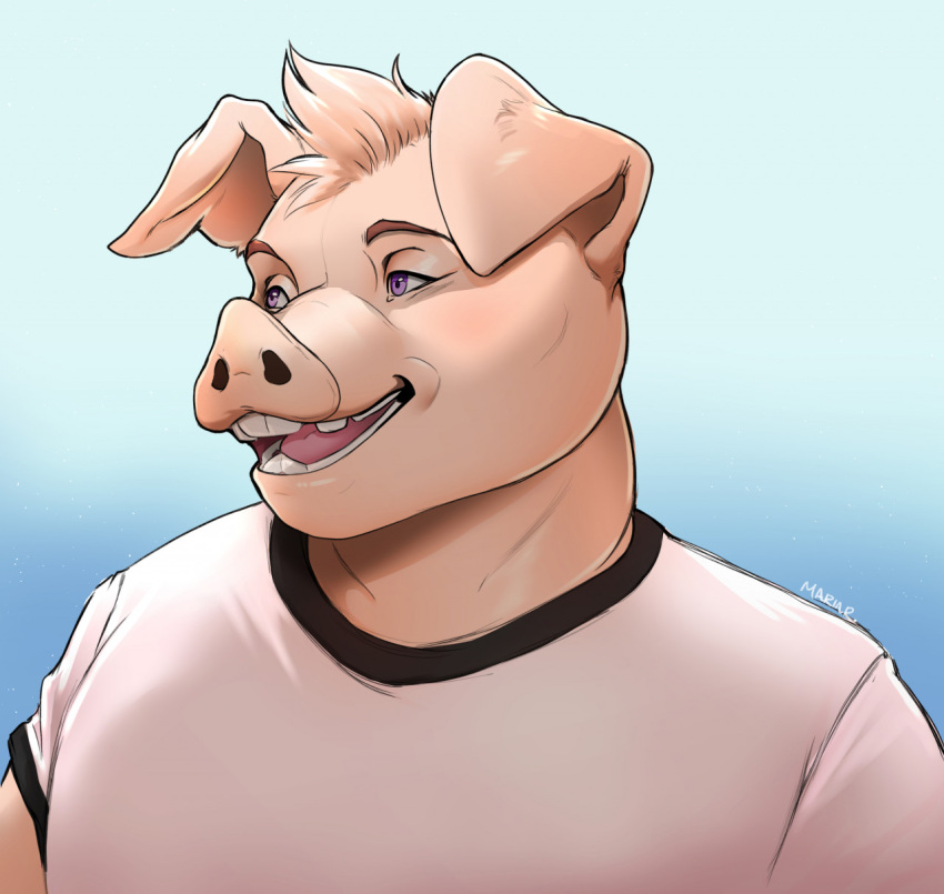 anthro bust_portrait clothed clothing domestic_pig floppy_ears fully_clothed gradient_background hi_res male mammal open_mouth portrait purple_eyes shirt simple_background solo suid suina sus_(pig) t-shirt teeth topwear wolfbane154