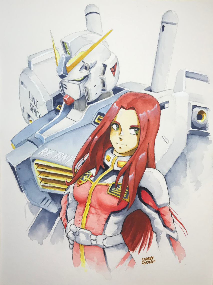 1girl 2020 absurdres asplenia_studios christina_mackenzie dated english_commentary gloves gun gundam gundam_0080 gundam_alex highres long_hair looking_at_viewer machine_gun machinery mecha military military_uniform mobile_suit muzzle pilot_suit portrait red_hair robot science_fiction signature uniform upper_body weapon