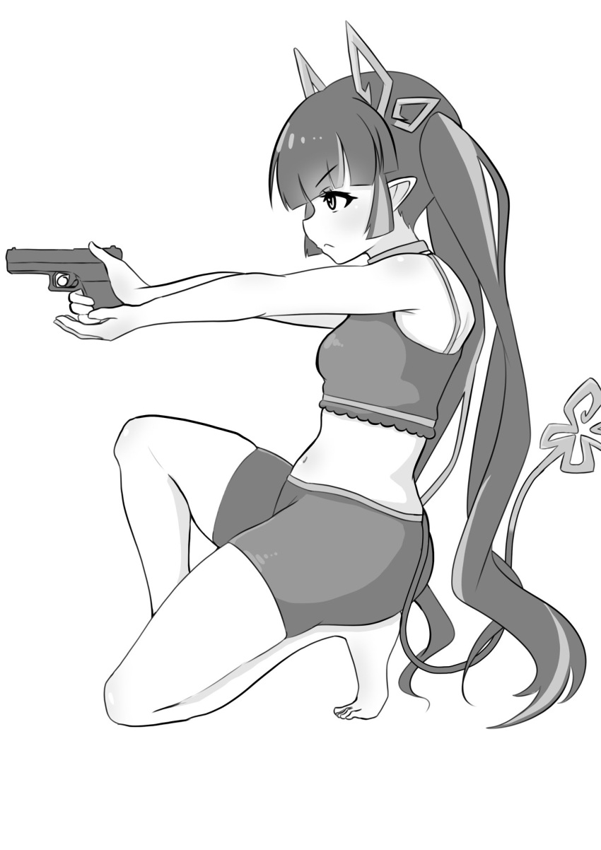 1girl 774_inc. aiming bangs barefoot bike_shorts blunt_bangs blush closed_mouth commentary_request crop_top demon_girl demon_horns demon_tail frown full_body greyscale gun handgun highres holding holding_gun holding_weapon horns kojo_anna long_hair monochrome one_knee pointy_ears profile robou_no_stone shirt simple_background sleeveless sleeveless_shirt solo sugar_lyric tail twintails very_long_hair virtual_youtuber weapon