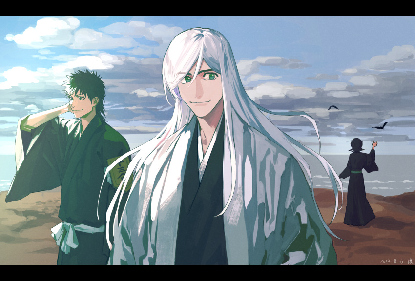 1girl 2boys bird black_hair bleach cloud cloudy_sky green_eyes haori highres japanese_clothes jou_(jo_jjo) kuchiki_rukia long_hair long_sleeves looking_at_viewer multiple_boys shiba_kaien short_hair sky smile spiked_hair standing taichou_haori ukitake_juushirou white_hair wide_sleeves