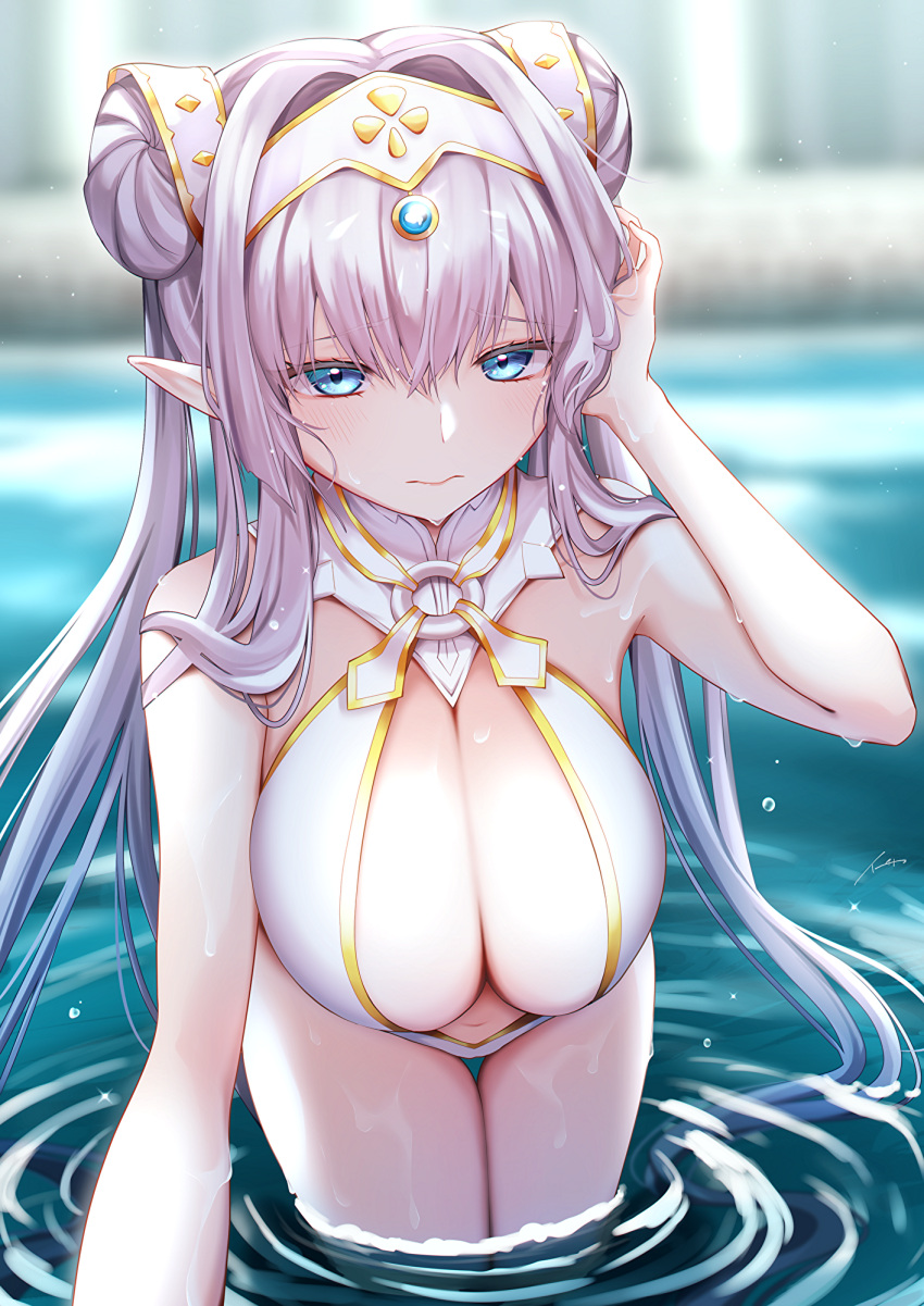 1girl bangs bare_shoulders blush breasts britomart_(fate) center_opening cleavage double_bun fate/grand_order fate_(series) gold_one-piece_swimsuit hair_bun highleg highleg_swimsuit highres ichi_kq large_breasts long_hair looking_at_viewer navel one-piece_swimsuit pointy_ears solo swimsuit thighs two-tone_swimsuit white_one-piece_swimsuit