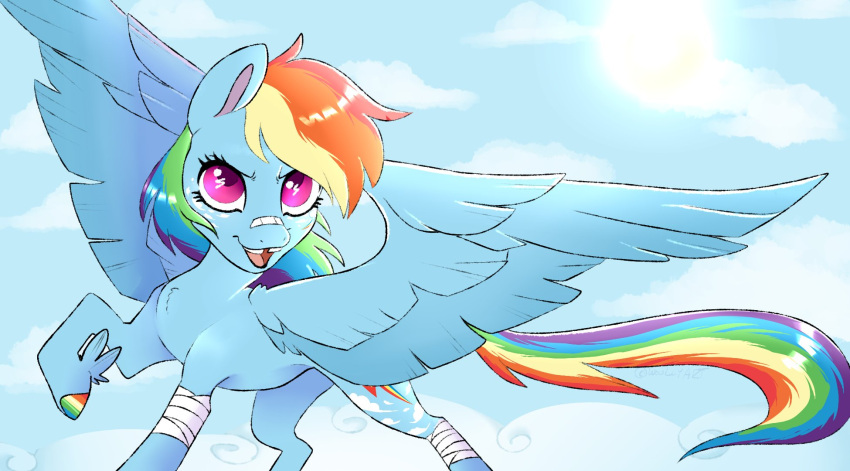 band-aid bandage blue_body blue_feathers cloud cutie_mark digital_media_(artwork) equid equine eyelashes feather_tuft feathered_wings feathers female feral friendship_is_magic hair hasbro hi_res hooves leg_tuft looking_up mammal missing_tooth multicolored_hair multicolored_tail my_little_pony open_mouth open_smile pegasus pink_eyes rainbow_dash_(mlp) rainbow_hair rainbow_tail raised_hoof sky smile solo spread_wings tuft wings woollyart wraps