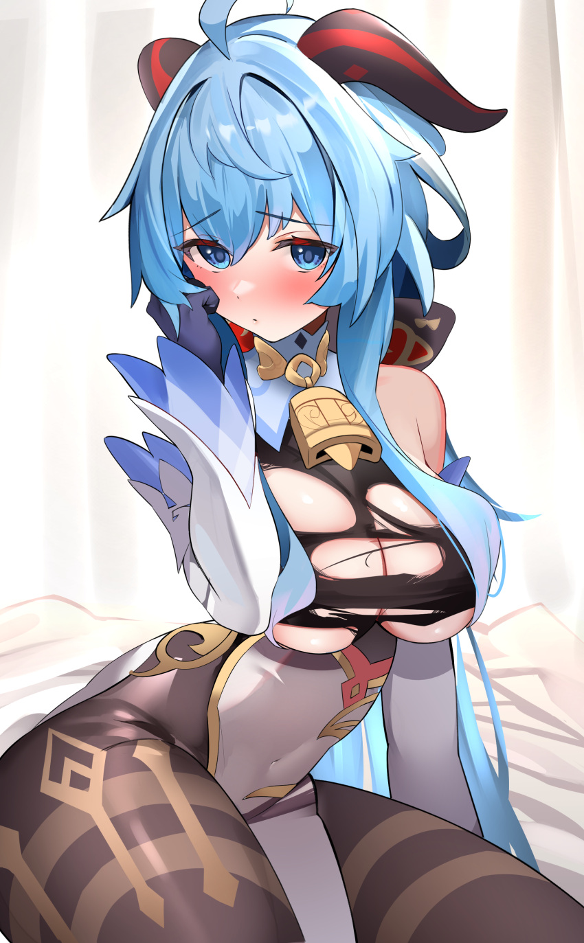 1girl absurdres ahoge alternate_eye_color bangs bare_shoulders bell blue_eyes blue_gloves blue_hair blush breasts brown_pantyhose detached_sleeves enishi96 full-face_blush ganyu_(genshin_impact) genshin_impact gloves gold_trim highres horns long_hair looking_at_viewer medium_breasts neck_bell pantyhose sidelocks sitting solo thighlet thighs torn_clothes wariza white_sleeves