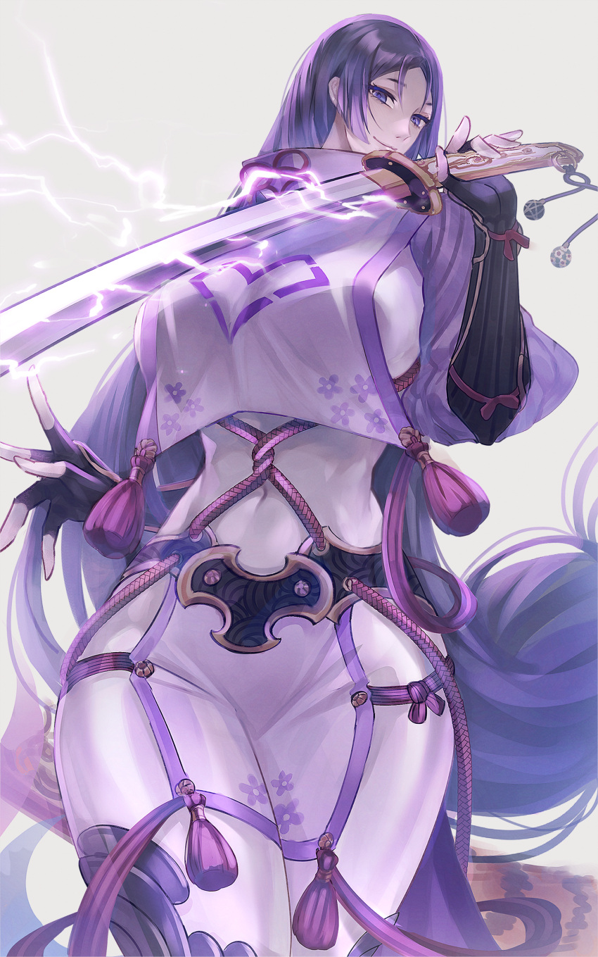 1girl absurdres armor bangs black_gloves bodysuit breasts covered_navel elbow_gloves electricity fate/grand_order fate_(series) fingerless_gloves gloves highres japanese_armor katana kote large_breasts long_hair looking_at_viewer minamoto_no_raikou_(fate) muneomon_(takomon) parted_bangs pelvic_curtain purple_bodysuit purple_eyes purple_hair ribbed_sleeves rope smile solo sword tabard tassel very_long_hair weapon