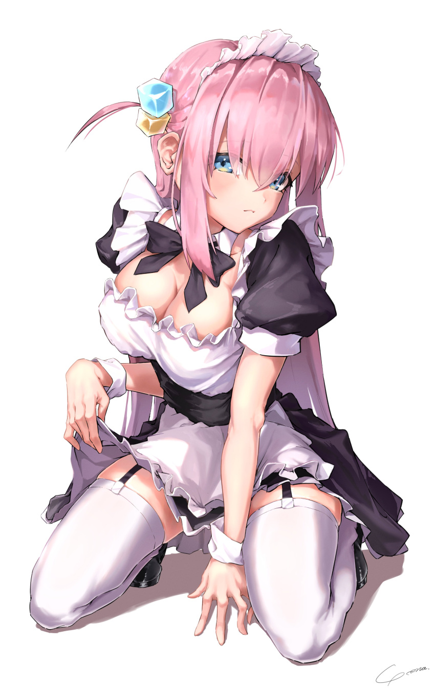 absurdres apron bangs black_dress black_ribbon blue_eyes blush bocchi_the_rock! breasts cleavage dress garter_straps gotou_hitori hair_between_eyes hair_cubes hair_ornament hair_over_eyes highres large_breasts long_hair looking_at_viewer maid maid_apron maid_headdress pink_hair puffy_sleeves ribbon simple_background skirt thighhighs waist_apron white_thighhighs wrist_cuffs yo_na