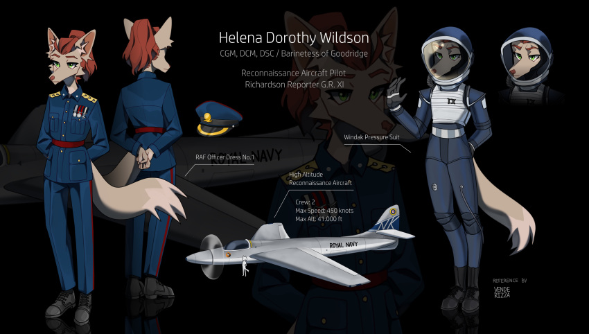 absurd_res aircraft airplane animal_humanoid anthro calm canid canid_humanoid canine canine_humanoid clothing english_text female female/female fox fox_humanoid hat headgear headwear helena_dorothy_wildson hi_res humanoid jet mammal mammal_humanoid military_cap military_hat military_helmet military_jacket military_pants military_uniform nobility parade_rest pressure_suit propeller solo suit text uniform venderriza