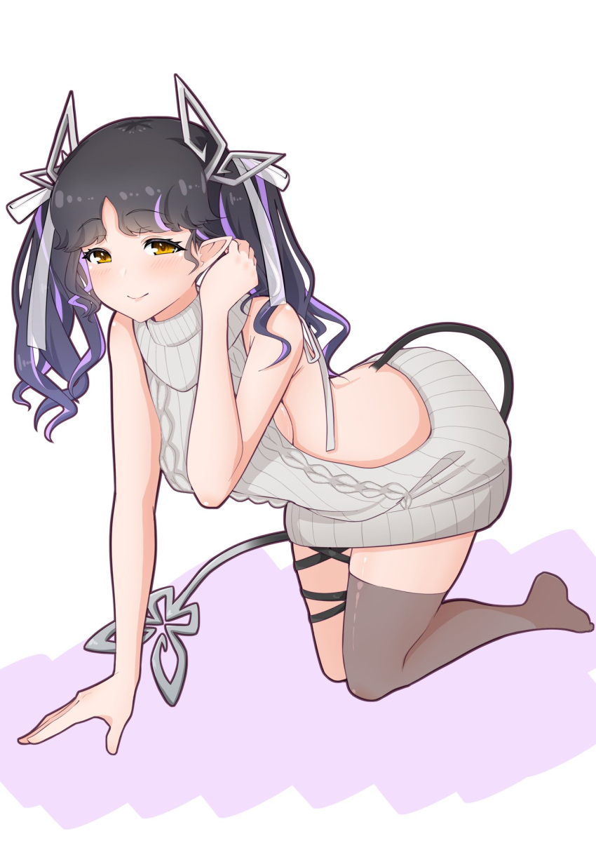 1girl 774_inc. all_fours aran_sweater backless_dress backless_outfit bangs bare_back black_hair black_ribbon blush bow breasts closed_mouth commentary_request demon_girl demon_horns demon_tail dress feet_out_of_frame grey_thighhighs hair_bow highres horns kojo_anna leg_ribbon long_hair medium_breasts meme_attire multicolored_hair official_alternate_costume pointy_ears purple_hair ribbed_sweater ribbon robou_no_stone see-through see-through_legwear sideboob single_thighhigh smile solo sugar_lyric sweater sweater_dress tail thighhighs turtleneck turtleneck_sweater two-tone_hair two_side_up virgin_killer_sweater virtual_youtuber white_bow yellow_eyes