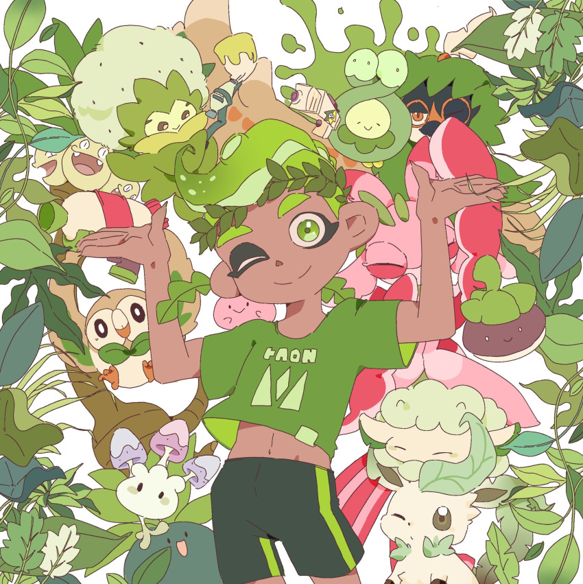 1girl ;) alolan_exeggutor black_shorts bounsweet budew closed_mouth company_connection cottonee cowboy_shot crossover dark-skinned_female dark_skin decidueye eldegoss existerivan fingernails green_eyes green_pupils green_shirt green_theme hands_up head_tilt head_wreath highres hoppip inkbrush_(splatoon) inkling_(language) leaf leafeon light_green_hair looking_at_viewer lurantis mohawk morelull navel nintendo octarian octoling octoling_girl oddish one_eye_closed paint_splatter plant pokemon pokemon_(creature) rowlet sharp_fingernails shirt short_hair short_sleeves shorts simple_background smile splatoon_(series) splatoon_3 splattershot_(splatoon) splattershot_jr_(splatoon) split_mouth suction_cups t-shirt tentacle_hair white_background