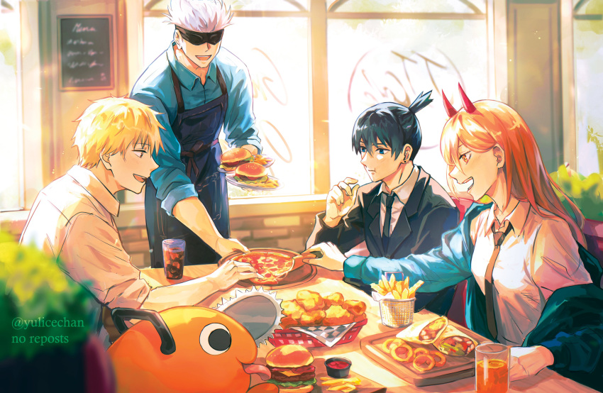 1girl 3boys absurdres apron black_hair black_jacket black_necktie blonde_hair blue_eyes blue_jacket blue_shirt breasts burger bush chainsaw_man chewing chicken_(food) collared_shirt denji_(chainsaw_man) earrings food formal french_fries gojou_satoru happy hayakawa_aki highres holding holding_food holding_pizza holding_plate horns jacket jacket_partially_removed jewelry jujutsu_kaisen ketchup long_hair makima_(chainsaw_man) medium_hair menu multiple_boys necktie onion_rings open_mouth orange_hair pizza plate pochita_(chainsaw_man) power_(chainsaw_man) red_horns restaurant serving sharp_teeth shawarma shirt short_hair sleeves_rolled_up small_breasts spiked_hair stud_earrings suit table teeth tongue tongue_out topknot white_hair white_shirt window yellow_eyes yulicechan