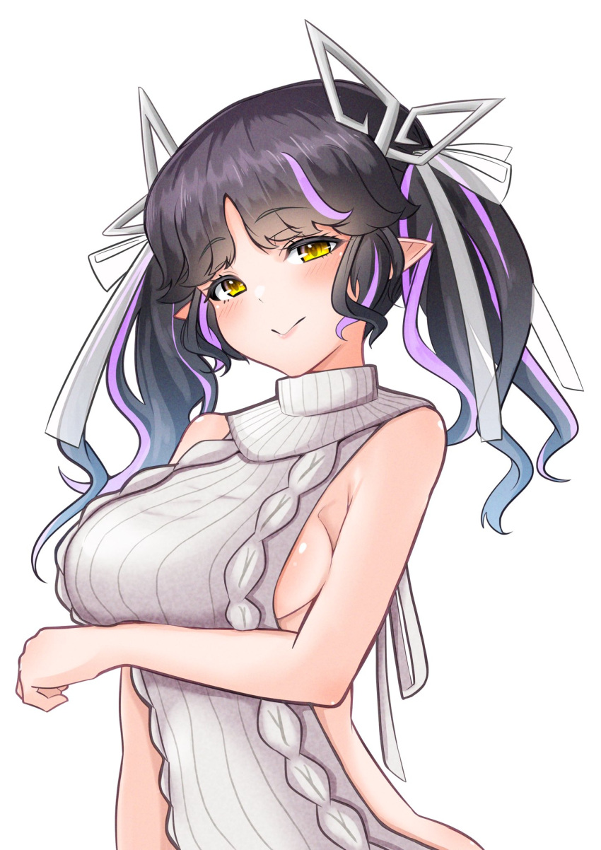 1girl 774_inc. aran_sweater arm_under_breasts backless_dress backless_outfit bangs black_hair blunt_bangs blush breasts closed_mouth commentary_request demon_girl demon_horns dress grey_background highres horns kojo_anna long_hair looking_at_viewer medium_breasts meme_attire multicolored_hair official_alternate_costume pointy_ears purple_hair ribbed_sweater robou_no_stone sideboob simple_background smile solo sugar_lyric sweater sweater_dress turtleneck turtleneck_sweater two-tone_hair upper_body virgin_killer_sweater virtual_youtuber yellow_eyes