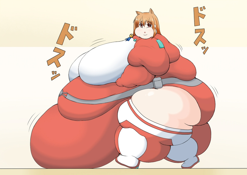 animal_ears belly brown_eyes brown_hair double_chin fat huge_breasts long_hair morbidly_obese obese open_mouth