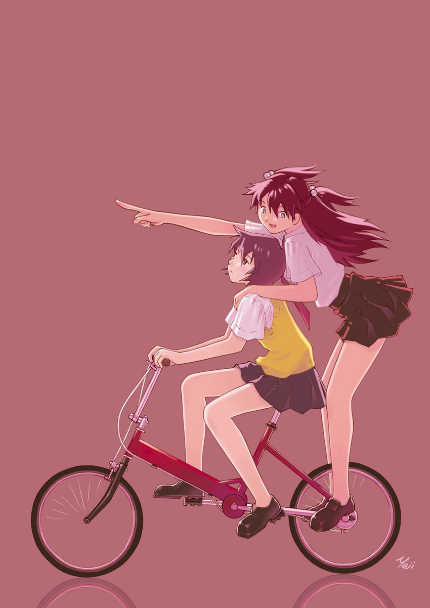 2girls ayanami_rei bicycle female highres kobayashi_yuji long_hair multiple_girls necktie neon_genesis_evangelion purple_hair red_eyes school_uniform short_hair simple_background skirt soryu_asuka_langley souryuu_asuka_langley tie vest white_eyes