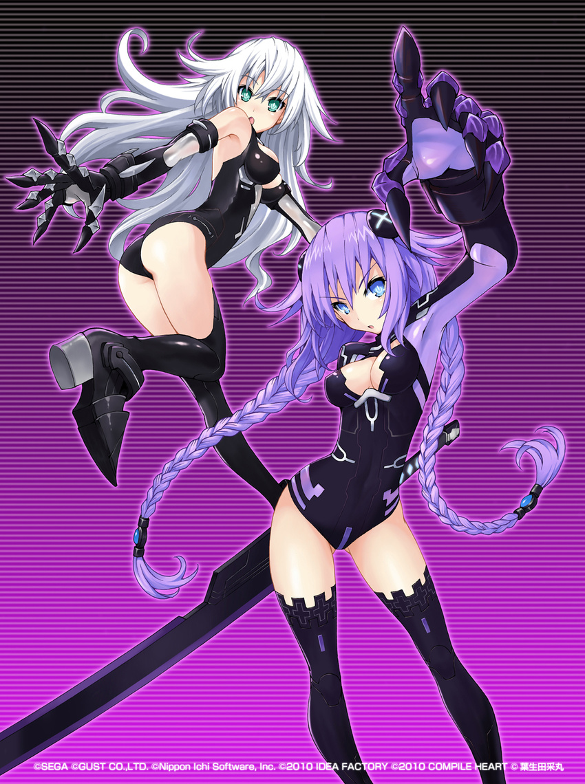 :o aqua_eyes arm_up armpits ass bangs bare_shoulders black_heart black_legwear blue_eyes breasts cleavage cleavage_cutout company_name contrapposto dated elbow_gloves floating_hair foreshortening full_body gloves gradient gradient_background hair_ornament head_tilt high_heels highres hips huge_weapon leg_lift leotard long_hair looking_at_viewer looking_back magical_girl medium_breasts multiple_girls neptune_(series) official_art outline pointing power_symbol purple_background purple_hair purple_heart sideboob standing striped striped_background surprised sword symbol-shaped_pupils thighhighs v-shaped_eyebrows vambraces very_long_hair wavy_hair weapon white_hair