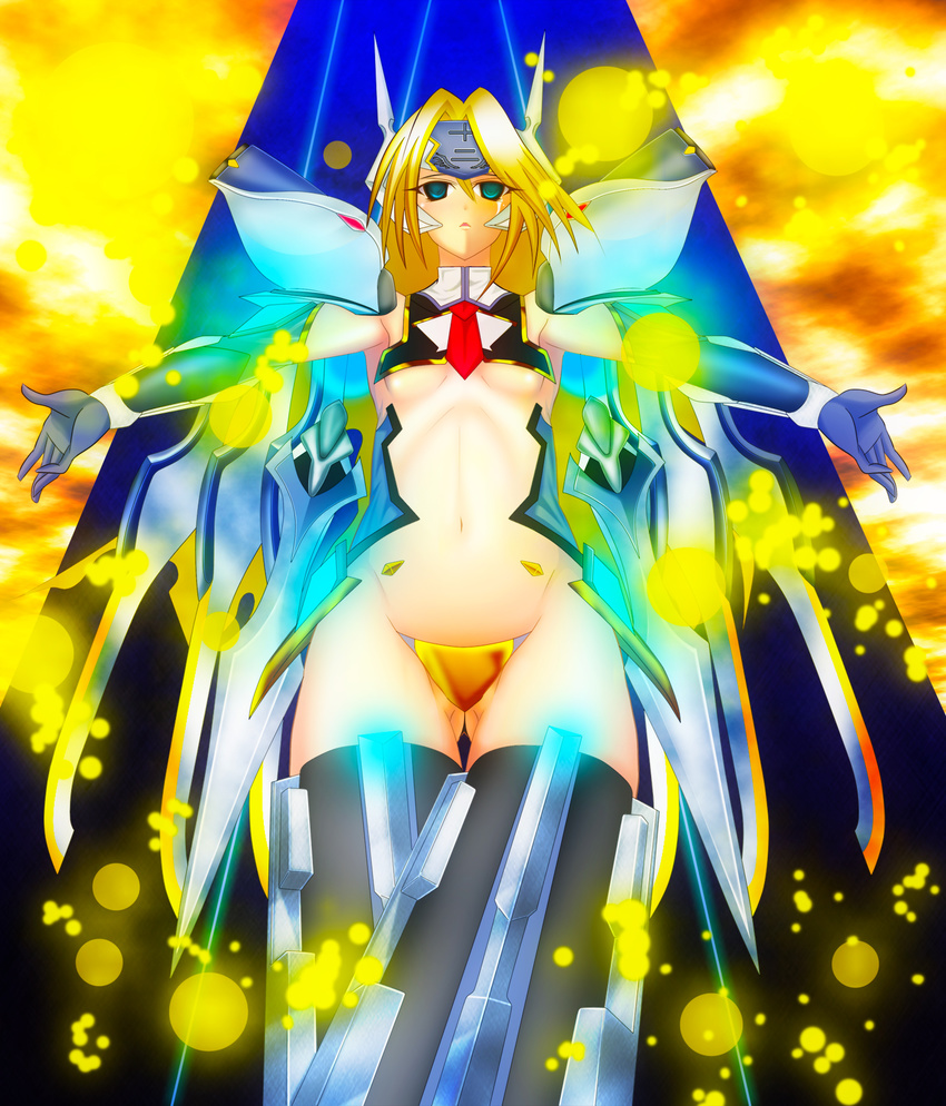 arc_system_works blazblue blonde_hair blue_eyes breasts elbow_gloves female gloves highres long_hair mecha_musume midriff mu-12 necktie sho2 shoulder_pads small_breasts solo sword thighhighs tiara underboob weapon