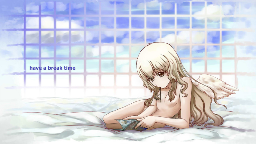 angel blonde_hair breasts brown_eyes censored cloud convenient_arm convenient_censoring day english flat_chest hair_censor hair_over_breasts long_hair lying mouth_hold nude on_side original sky small_breasts solo tsukikase window wings