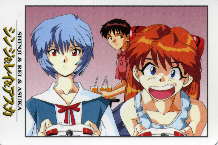 1boy 2girls 90s ayanami_rei blue_hair female happy ikari_shinji long_hair multiple_girls neon_genesis_evangelion official_art red_eyes scan school_uniform short_hair smile soryu_asuka_langley twintails