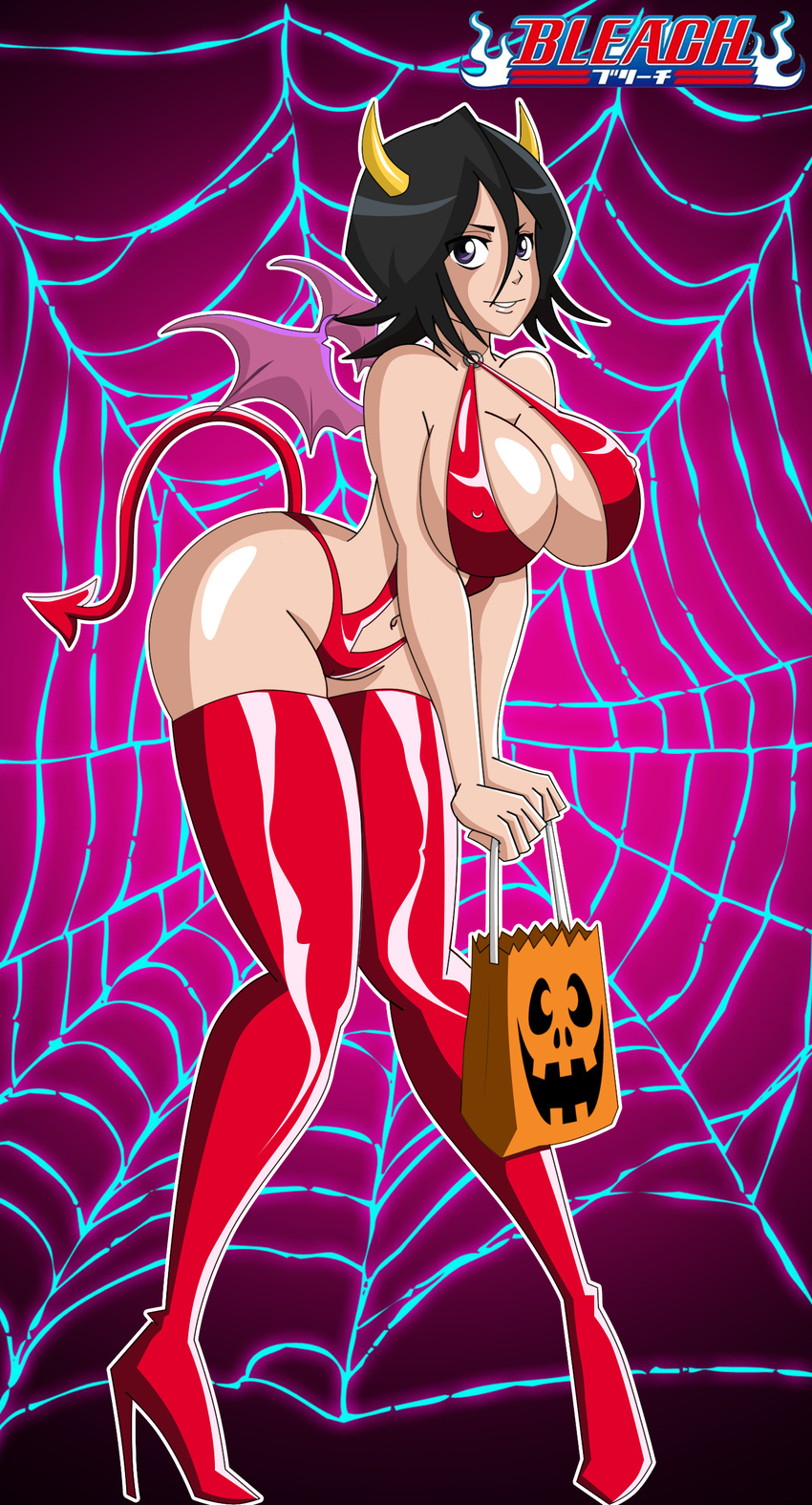 absurdres ass bag bangs bat_wings bent_over black_hair bleach blue_eyes boots breasts cleavage covered_nipples curvy demon_girl demon_tail grin groin halloween high_heels highres horns huge_ass huge_breasts kuchiki_rukia leotard looking_at_viewer midriff naughty_face navel red_legwear shiny shiny_clothes shiny_skin shoes short_hair sideboob silk smile solo spider_web standing tail thick_thighs thigh_boots thighhighs thighs wide_hips wings