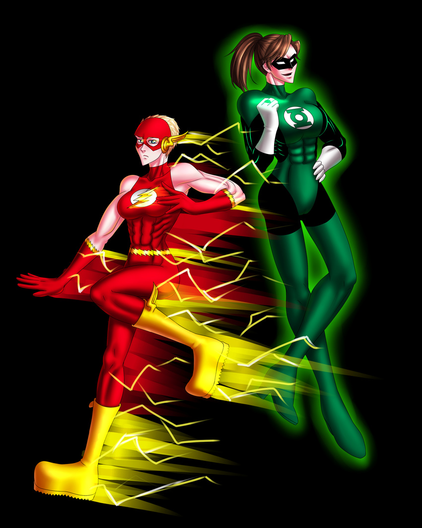 2girls abs absurdres bare_shoulders blonde_hair bodysuit boots brown_hair dc_comics earth_11 fast female flash_(series) genderswap gloves green_eyes green_lantern green_lantern_(series) highres jesse_quick jewelry latex lightning_bolt long_hair mask motion_blur multiple_girls muscle muscular ponytail ring rings short_hair skin_tight the_flash vitamins_si