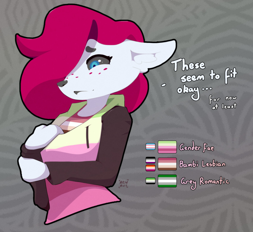 2022 anthro black_sclera blue_eyes clothing dialogue english_text female hair lgbt_pride looking_down mammal mewmus pride_color_clothing pride_colors red_hair rose_pantilion simple_background solo text trans_(lore)