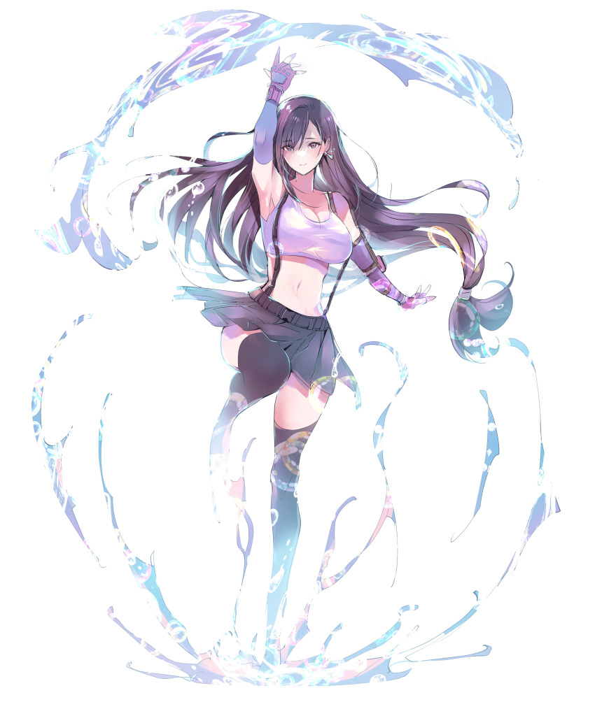 1girl absurdres arm_up armpits black_hair black_skirt black_thighhighs breasts brown_eyes cleavage closed_mouth crop_top earrings final_fantasy final_fantasy_vii final_fantasy_vii_remake fingerless_gloves floating_hair full_body gloves highres jewelry jumping large_breasts leg_up long_hair looking_at_viewer low-tied_long_hair midriff miniskirt navel pleated_skirt red_gloves shoji_sakura skirt smile solo stomach suspender_skirt suspenders tank_top thighhighs thighs tifa_lockhart very_long_hair water white_background white_tank_top zettai_ryouiki