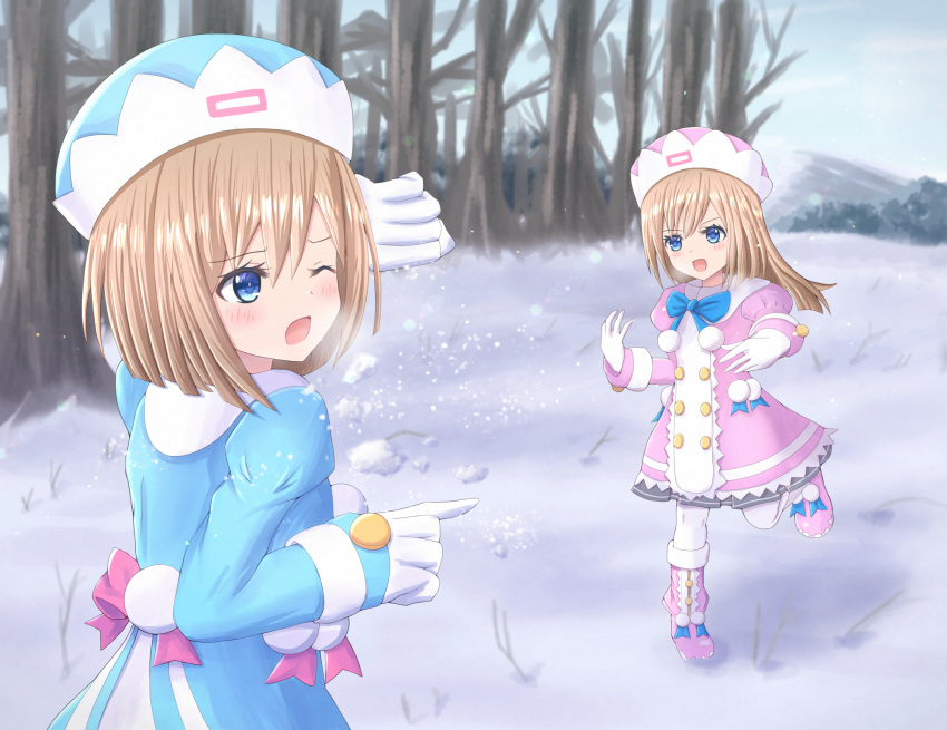 2girls :d ;o blue_coat blue_eyes blush boots brown_eyes buttons coat covering_face double-breasted fur-trimmed_boots fur-trimmed_coat fur_trim hands_up hat highres knee_boots leg_up long_hair looking_afar looking_at_another macshirious medium_hair multiple_girls neptune_(series) one_eye_closed outdoors pantyhose pink_coat pom_pom_(clothes) ram_(neptune_series) rom_(neptune_series) siblings sisters smile snow snowball snowball_fight standing standing_on_one_leg throwing twins white_pantyhose