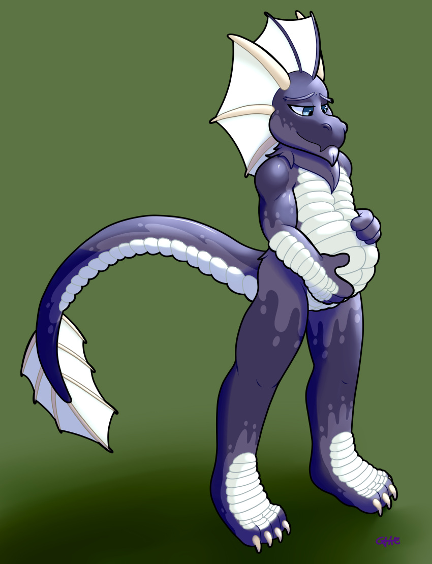 absurd_res andromorph anthro blue_eyes cake_(artist) claws dragon fin frill_(anatomy) hand_on_stomach hi_res intersex pregnant pregnant_andromorph pregnant_intersex purple_body purple_skin scales solo tail_fin white_body white_scales