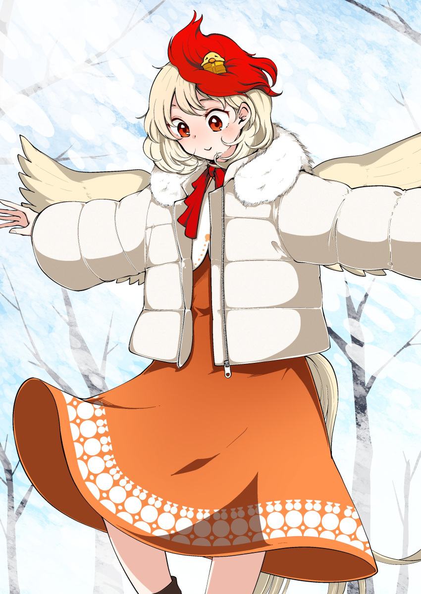 1girl absurdres animal_on_head arms_up bangs bird blonde_hair blue_sky blush boots bow bowtie branch brown_footwear chick closed_mouth colored_skin commentary_request dress fur-trimmed_hood fur_trim hair_between_eyes hands_up highres hood hooded_jacket jacket kaisenpurin long_sleeves looking_down multicolored_hair niwatari_kutaka on_head open_clothes open_jacket orange_dress orange_jacket outdoors puffy_long_sleeves puffy_sleeves red_bow red_bowtie red_eyes red_hair short_hair sky smile snow solo standing tail touhou tree two-tone_hair vest white_jacket white_vest wings winter yellow_skin zipper