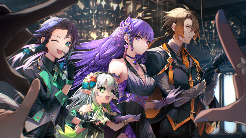 2boys 2girls black_gloves bracelet braid breasts cleavage dress earrings finger_to_mouth genshin_impact gloves green_eyes hair_ornament highres holding_hands jewelry long_hair long_sleeves looking_at_viewer mole mole_under_eye multicolored_hair multiple_boys multiple_girls nahida_(genshin_impact) nemumi_no_sora one_eye_closed open_mouth pointy_ears purple_eyes purple_hair raiden_shogun sleeveless sleeveless_dress smile teeth two-tone_hair venti_(genshin_impact) yellow_eyes zhongli_(genshin_impact)