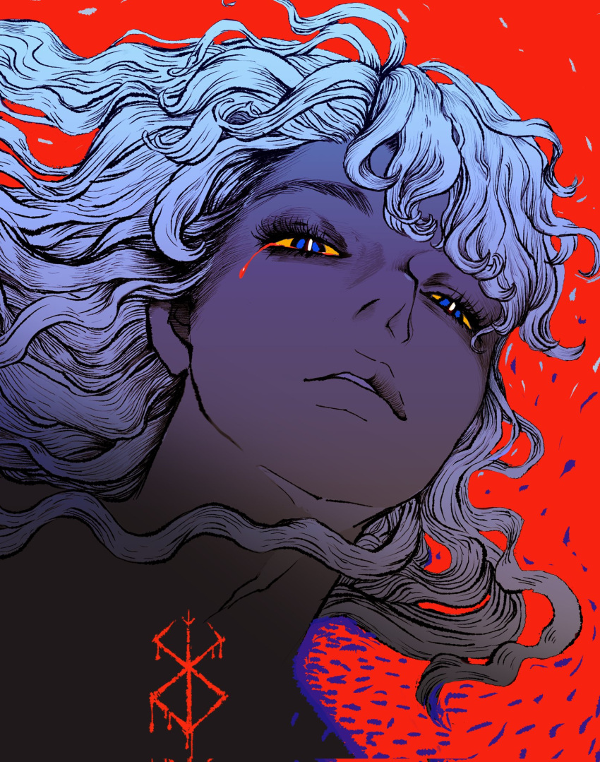 1boy berserk blood blood_from_eyes blue_eyes brand_of_sacrifice curly_hair eyelashes facing_viewer griffith_(berserk) highres long_hair male_focus nisino2222 open_mouth parted_lips red_background simple_background solo wavy_hair white_hair