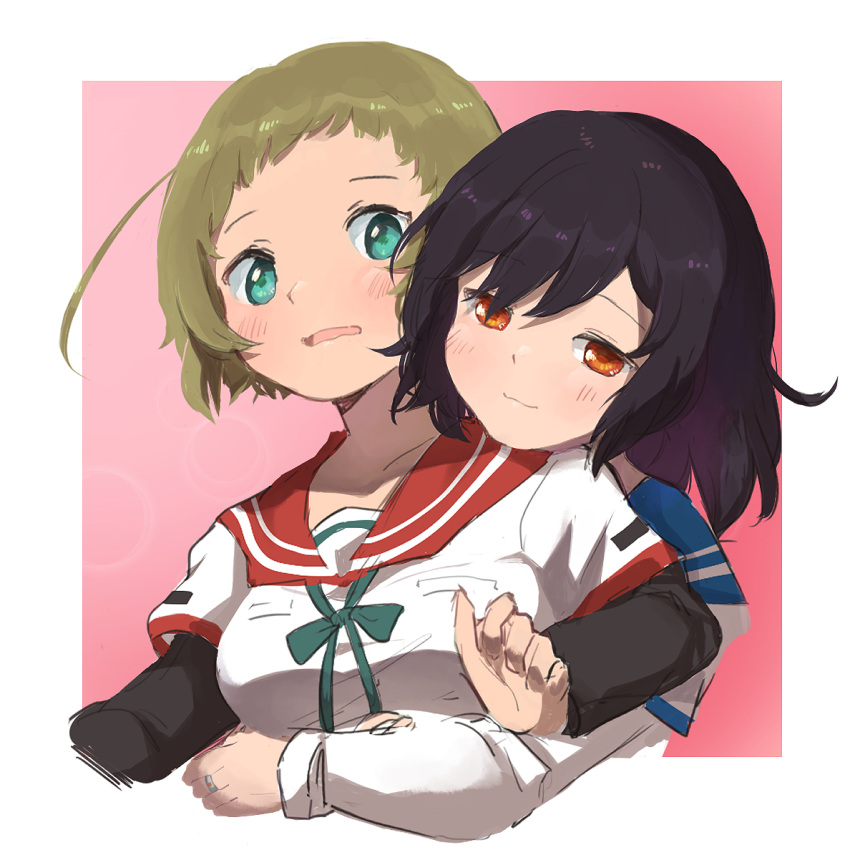 2girls :3 ahoge aqua_eyes aqua_ribbon bangs black_hair black_sleeves blue_sailor_collar blush border breast_pocket clenched_hand closed_mouth cropped_torso hand_up homocacti hug jewelry kamihama_university_affiliated_school_uniform layered_sleeves light_brown_hair long_sleeves magia_record:_mahou_shoujo_madoka_magica_gaiden mahou_shoujo_madoka_magica medium_hair minaminagi_liberty_academy_school_uniform multiple_girls natsu_ryouko neck_ribbon orange_eyes outside_border parted_lips pink_background pocket red_sailor_collar ribbon ring sailor_collar sailor_shirt school_uniform serafuku shirt short_bangs short_over_long_sleeves short_sleeves sidelocks suzuka_sakuya swept_bangs wavy_mouth white_border white_shirt yuri