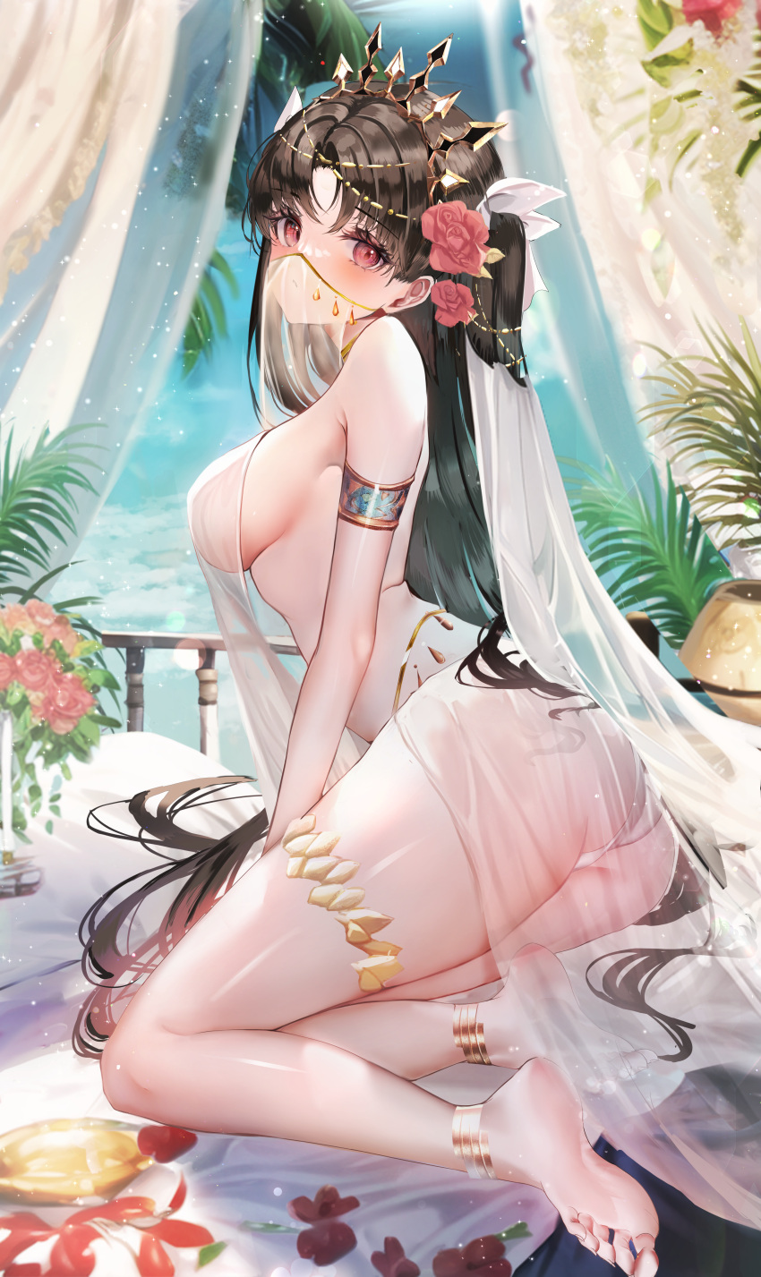 1girl absurdres anklet arabian_clothes armlet ass bare_shoulders black_hair blush breasts chiachun0621 crown curtains dancer fate/grand_order fate_(series) flower from_side full_body hair_flower hair_ornament hair_ribbon harem_outfit harem_pants highres indoors ishtar_(fate) jewelry long_hair looking_at_viewer looking_to_the_side medium_breasts mouth_veil no_bra on_bed panties pants red_eyes red_flower red_rose ribbon rose sideboob thighlet tiara turban underwear veil white_panties