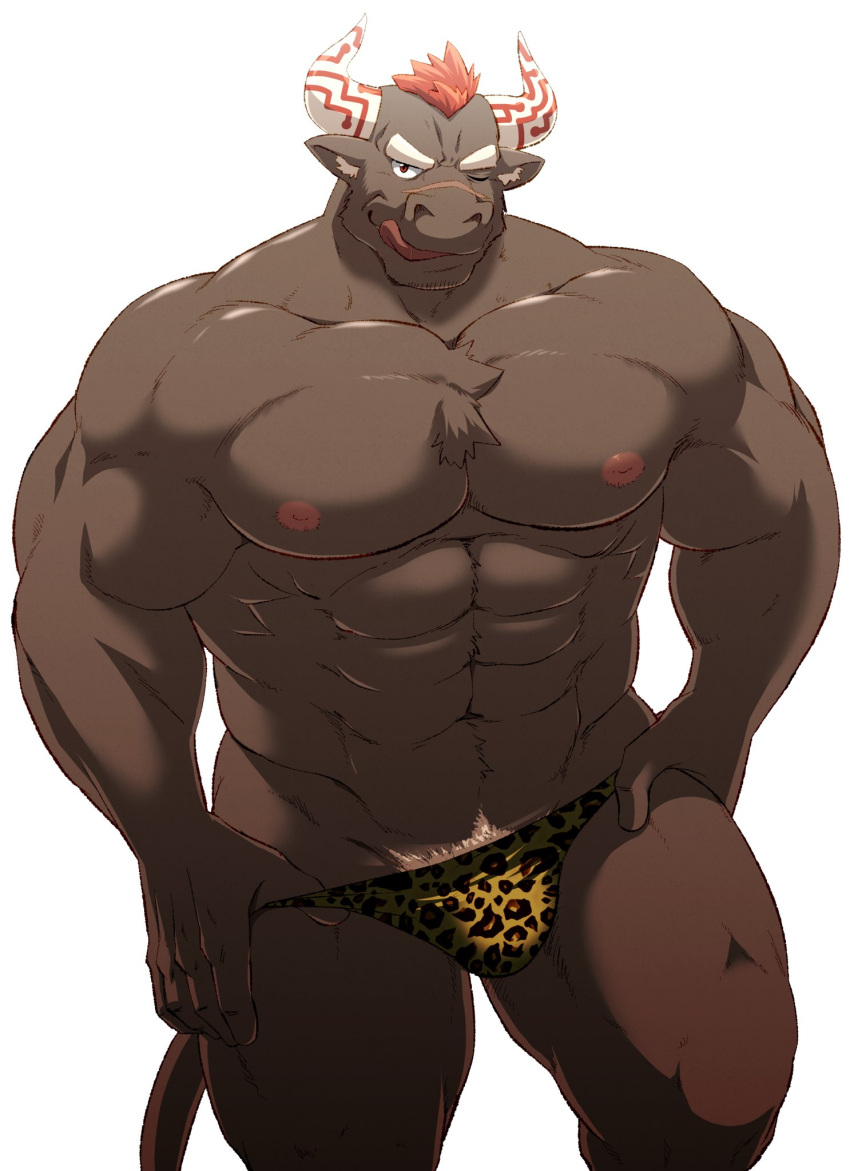 abs animal_print anthro bovid bovine cattle clothing duo gyumao hi_res horn horned_humanoid humanoid leopard_print licking licking_lips lifewonders looking_seductive male mammal muscular muscular_arms muscular_legs muscular_male pecs pubes pulling_down_underwear samoji thong tokyo_afterschool_summoners tongue tongue_out underwear video_games