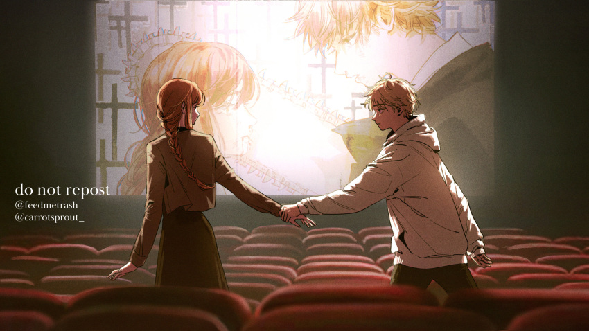 1boy 1girl blonde_hair blood blood_from_mouth braid braided_ponytail carrotsprout chainsaw chainsaw_man collaboration dark_background denji_(chainsaw_man) dress graveyard highres holding_another's_wrist hood hoodie jacket jacksonso long_hair looking_at_another makima_(chainsaw_man) movie_theater open_mouth projector_screen red_hair short_hair sidelocks tombstone twitter_username white_hoodie