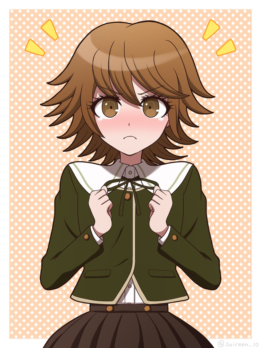 1boy bangs blush brown_eyes brown_hair brown_skirt clenched_hands cowboy_shot danganronpa:_trigger_happy_havoc danganronpa_(series) dress_shirt frown fujisaki_chihiro green_jacket hands_up highres jacket looking_at_viewer medium_hair neck_ribbon notice_lines otoko_no_ko pleated_skirt ribbon shiny shiny_hair shirt shirt_tucked_in skirt solo suiren_yurei white_shirt