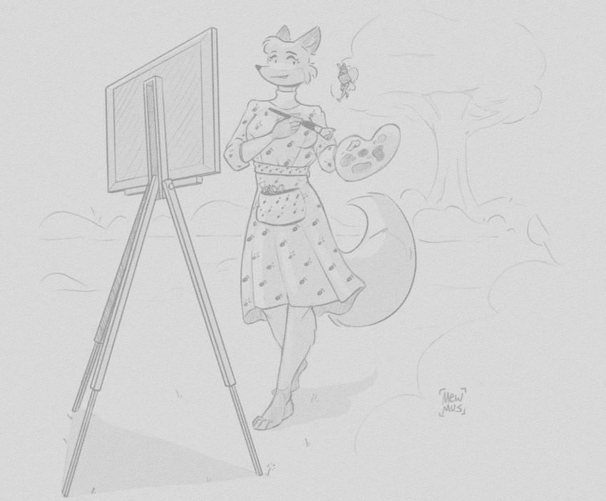 2022 antennae_(anatomy) anthro barefoot breasts brush canid canine clothing digital_media_(artwork) drawing dress duo fairy feet female fox hi_res holding_brush holding_object holding_paintbrush mammal mewmus mewmuse micro monochrome mrs._fox outside paintbrush painting_(object) plant rose_pantilion size_difference smile standing tree