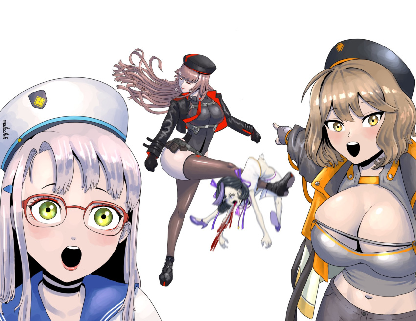 4girls ahoge anis_(nikke) artist_name bangs beret black_footwear black_gloves black_headwear black_jacket black_leotard blonde_hair blood blood_from_mouth blush breasts brown_hair brown_thighhighs cleavage closed_eyes closed_mouth fingerless_gloves glasses gloves goddess_of_victory:_nikke green_eyes grey_hair grey_jacket hair_between_eyes hair_ribbon hat high_heels highres jacket large_breasts leotard lips long_sleeves looking_at_viewer malachi27346 meme military military_hat military_uniform multiple_girls navel neon_(nikke) open_mouth pink_ribbon pointing pointing_at_another purple_footwear rapi_(nikke) red_eyewear ribbon roundhouse_kick school_uniform serafuku sidelocks signature simple_background syuen_(nikke) teeth thighhighs two_soyjaks_pointing_(meme) uniform white_background white_headwear yellow_eyes