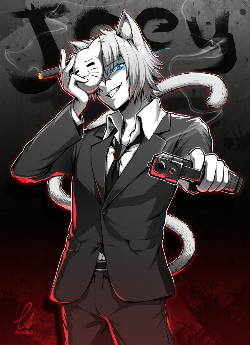 1boy animal_ears blue_eyes cat_ears cat_mask cat_tail cigar ebiblue formal gesugao gradient gradient_background graffiti gun handgun highres male_focus mask necktie signature suit tail the_anime_man trash_taste weapon white_hair