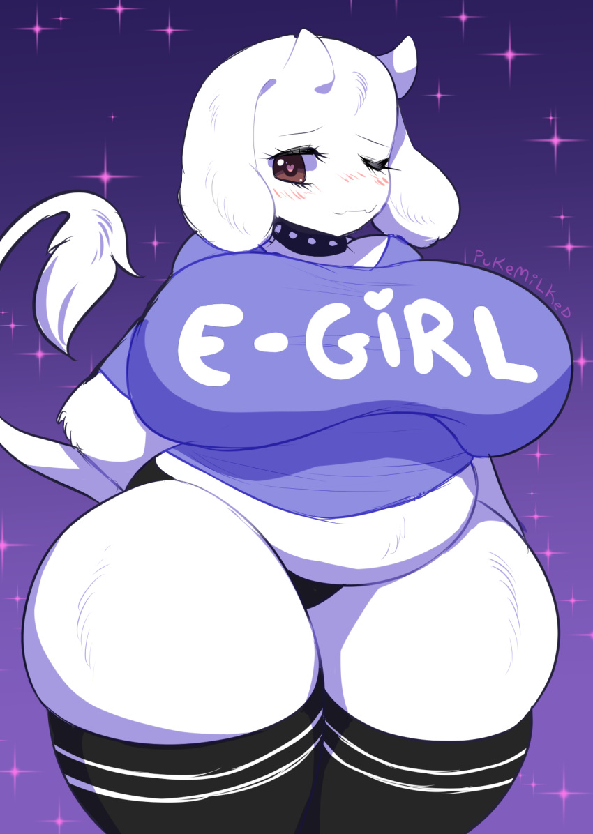 &lt;3 &lt;3_eyes anthro belly big_breasts blush boss_monster bovid breasts brown_eyes caprine clothing collar female footwear fur hi_res horn legwear looking_at_viewer mammal mature_anthro mature_female pukemilked shirt slightly_chubby socks solo spiked_collar spikes studded_collar text thick_thighs thigh_highs thigh_socks topwear toriel undertale undertale_(series) video_games white_body white_fur