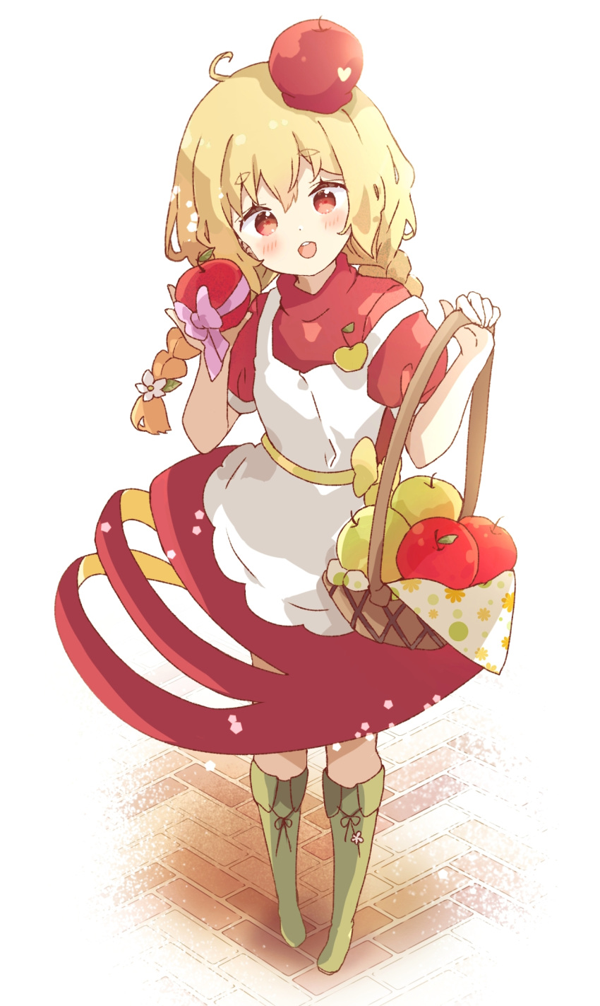 1girl :d ahoge apple apron bangs basket blonde_hair blush boots braid dress food food-themed_clothes frilled_apron frills fruit full_body green_footwear hair_between_eyes highres holding holding_basket holding_food holding_fruit knee_boots long_hair original puffy_short_sleeves puffy_sleeves red_apple red_dress red_eyes short_eyebrows short_sleeves smile solo standing thick_eyebrows tsukiyo_(skymint) twin_braids white_apron white_background