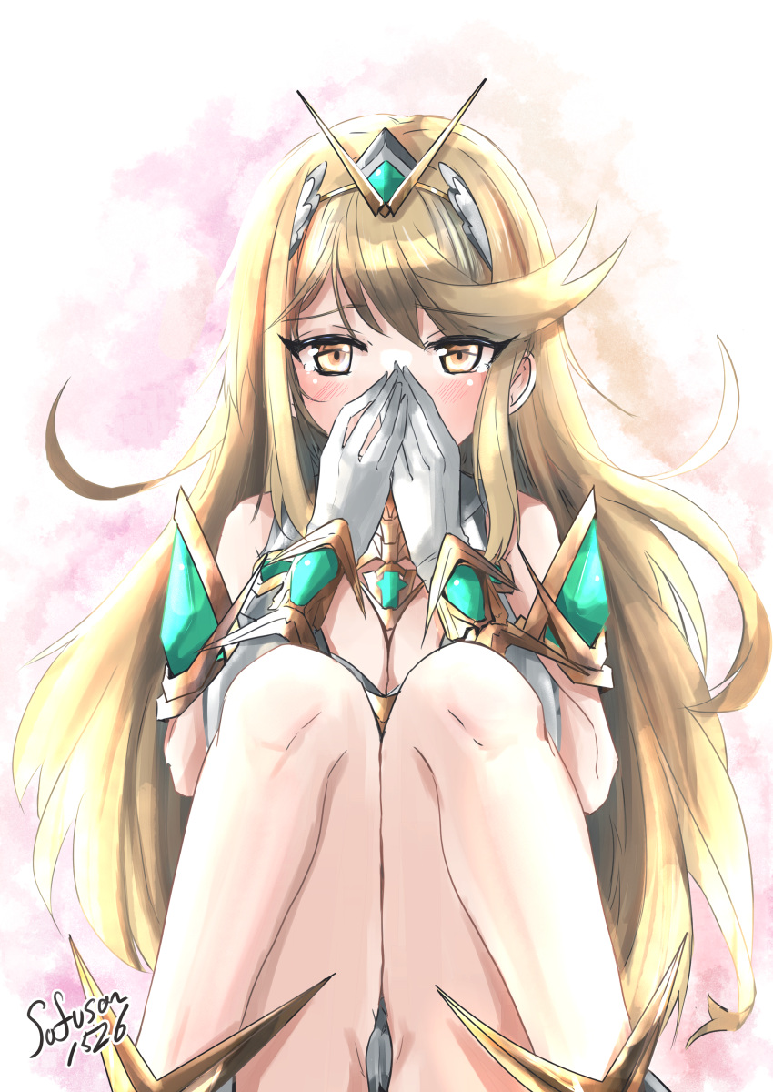 1girl absurdres bangs bare_shoulders blonde_hair breasts chest_jewel cleavage cleavage_cutout clothing_cutout dress earrings elbow_gloves gloves headpiece highres jewelry large_breasts long_hair mythra_(xenoblade) short_dress sofusan1526 solo swept_bangs tiara very_long_hair white_dress white_gloves xenoblade_chronicles_(series) xenoblade_chronicles_2 yellow_eyes