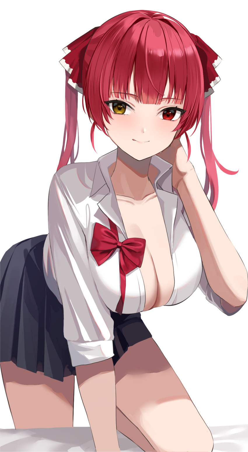 1girl :p alternate_costume bangs black_skirt blunt_bangs bow bowtie breasts closed_mouth collarbone commentary_request hair_ribbon hand_in_own_hair heterochromia highres hololive houshou_marine large_breasts leaning_forward long_hair miniskirt one_knee pleated_skirt red_bow red_bowtie red_eyes red_hair red_ribbon ribbon school_uniform shirt simple_background skirt smile solo thighs tongue tongue_out twintails untied virtual_youtuber white_background white_shirt yellow_eyes yuzu-aki