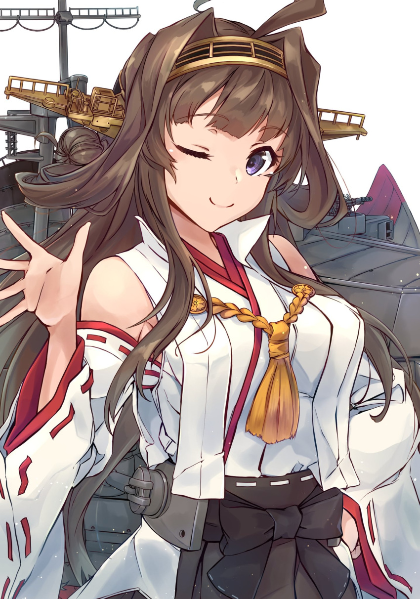 1girl ahoge anti-aircraft anti-aircraft_gun black_skirt breasts brown_hair cannon commentary_request detached_sleeves double_bun hair_bun hairband headgear highres japanese_clothes kantai_collection kongou_(kancolle) kongou_kai_ni_(kancolle) long_hair machinery medium_breasts minosu one_eye_closed purple_eyes ribbon-trimmed_sleeves ribbon_trim rigging simple_background skirt smokestack solo turret upper_body waving white_background