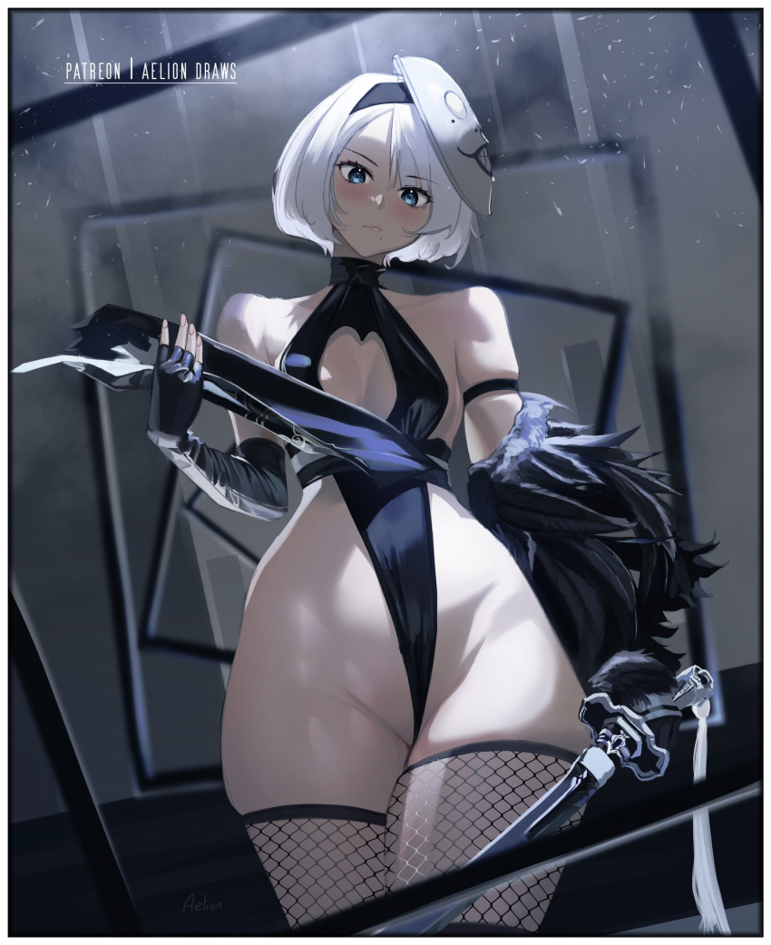 1girl aelion_draws alternate_costume armband bangs bare_shoulders black_gloves black_hairband black_leotard black_sleeves blue_eyes blush bob_cut breasts cleavage cleavage_cutout closed_mouth clothes_lift clothing_cutout cowboy_shot detached_sleeves elbow_gloves emil_(nier) english_commentary feather-trimmed_sleeves fingerless_gloves fishnet_thighhighs fishnets gloves hairband halterneck highleg highleg_leotard highres holding holding_sword holding_weapon katana leotard mask mask_on_head medium_breasts mole mole_under_mouth nier_(series) nier_automata parted_bangs patreon_username pelvic_curtain pelvic_curtain_lift puffy_sleeves sash short_hair single_detached_sleeve skindentation solo sword thick_thighs thighhighs thighs weapon white_hair wide_hips yorha_no._2_type_b