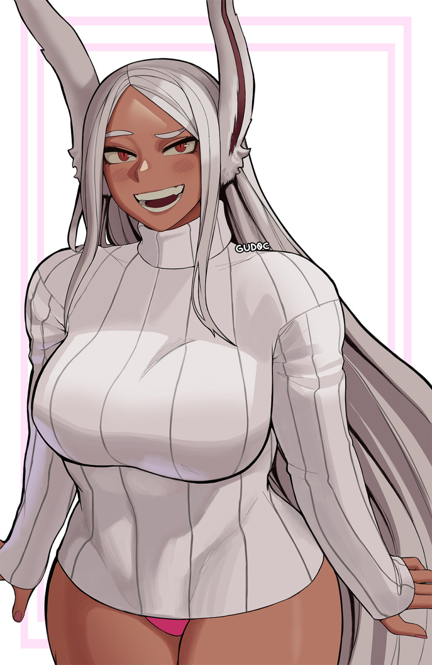 1girl absurdly_long_hair alternate_costume animal_ear_fluff animal_ears arms_at_sides artist_name bangs blush boku_no_hero_academia breasts cowboy_shot curvy english_commentary forehead grey_hair gud0c highres impossible_clothes impossible_sweater large_breasts long_hair looking_at_viewer mirko open_mouth outline panties parted_bangs patterned_background pink_panties rabbit_ears raised_eyebrow red_eyes ribbed_sweater shiny shiny_skin sidelocks sleeves_past_wrists slit_pupils smile solo sweater teeth thighs turtleneck turtleneck_sweater underwear very_long_hair white_background white_sweater