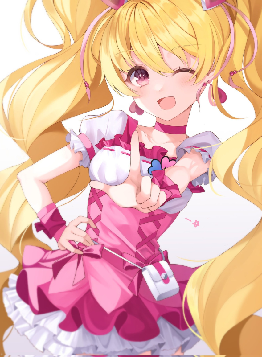 1girl blonde_hair breasts chaeryaeng_05 choker clover_ornament cure_peach dress earrings fresh_precure! frilled_dress frills hair_ornament hand_on_hip heart heart_earrings heart_hair_ornament highres jewelry looking_at_viewer magical_girl momozono_love one_eye_closed pink_choker pink_dress pouch precure puffy_short_sleeves puffy_sleeves short_sleeves small_breasts smile solo upper_body