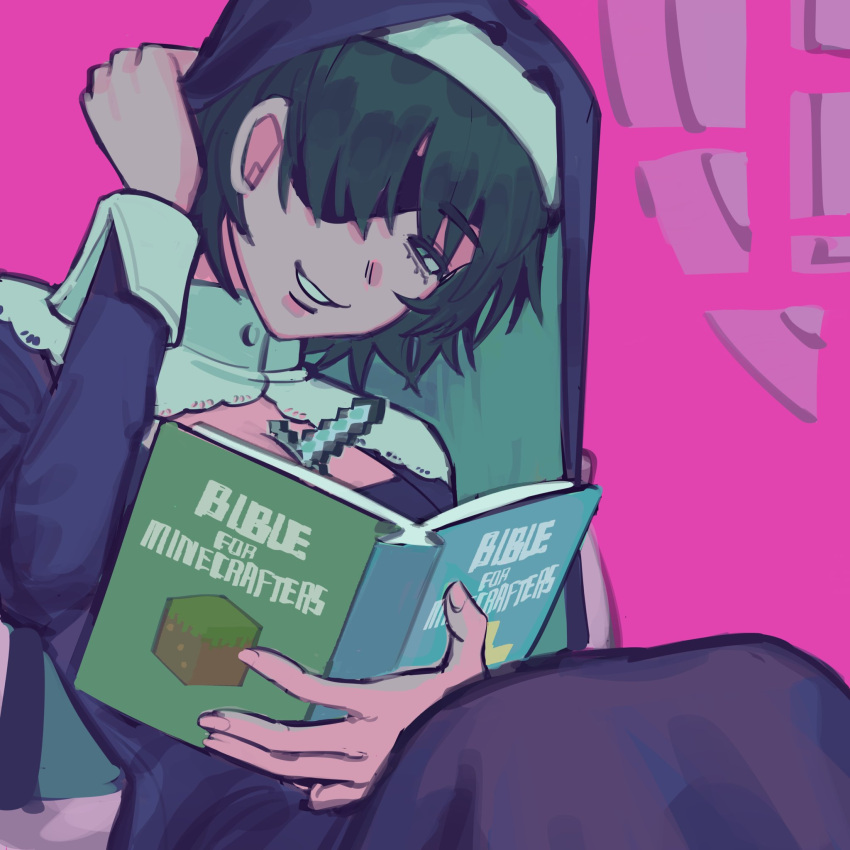 1girl black_hair book chainsaw_man cleavage_cutout clothing_cutout diamond_sword eyepatch green_eyes hat highres himeno_(chainsaw_man) holding holding_book holding_clothes holding_hat liowig looking_at_viewer minecraft nun pink_background pink_theme short_hair smile solo sword_between_breasts