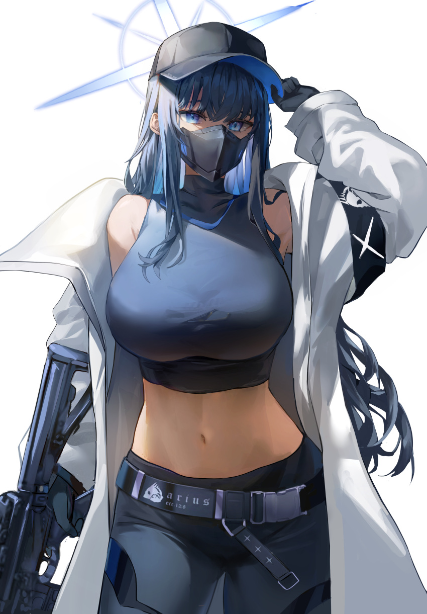 1girl absurdres armband assault_rifle bangs bare_shoulders baseball_cap belt black_belt black_gloves black_hair black_headwear black_mask black_pants black_shirt blue_archive blue_eyes blue_hair breasts coat commentary crop_top dasha gloves gun halo hand_on_headwear hand_up hat highres holding holding_clothes holding_gun holding_hat holding_weapon jacket large_breasts long_hair looking_at_viewer mask midriff mouth_mask navel off_shoulder pants revision rifle saori_(blue_archive) shirt sidelocks sig_516 sig_sauer simple_background sleeveless sleeveless_shirt solo stomach weapon white_background white_coat white_jacket