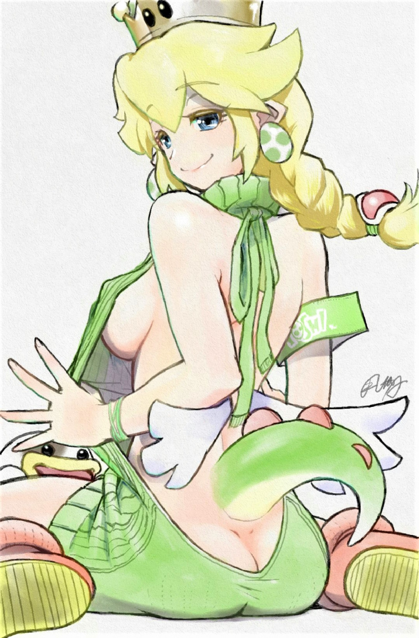 1girl armband ass backless_dress backless_outfit bare_back blonde_hair blue_eyes boots bracelet braid breasts butt_crack commentary crown dimples_of_venus dog dress duplicate earrings egg_earrings from_behind genderswap green_sweater hair_between_eyes hanabusa_(xztr3448) highres humanization jewelry large_breasts long_hair looking_back low_wings mario_(series) meme_attire mini_wings naked_sweater new_super_mario_bros._u_deluxe no_bra no_panties painting_(medium) personification pixel-perfect_duplicate poochy_(yoshi's_island) princess_yoshi sideboob signature single_braid sitting smile solo_focus super_crown sweater sweater_dress tail traditional_media turtleneck turtleneck_sweater virgin_killer_sweater wariza watercolor_(medium) white_background wings yoshi