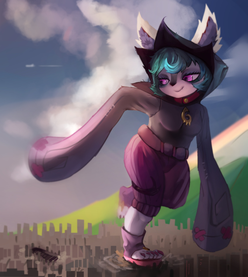 2022 absurd_res aircraft airplane anthro bottomwear building clothing cloud digital_media_(artwork) footwear giga hi_res humanoid league_of_legends looking_back macro male riot_games sandals shorts sky skyscraper smile ti-suger vex_(lol) video_games yordle
